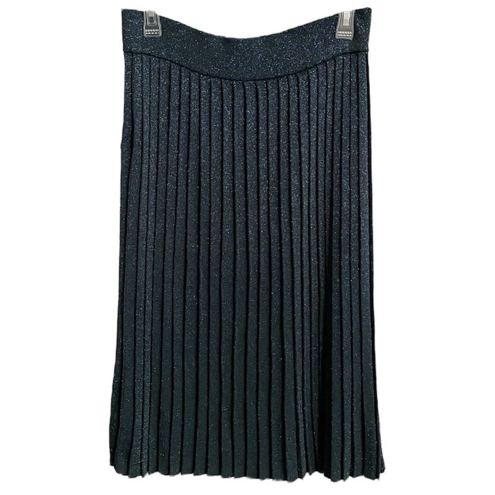 Deby Debo Linen Blend Clarice Knit Pleat Midi Skirt Medium Teal Sparkle Metallic